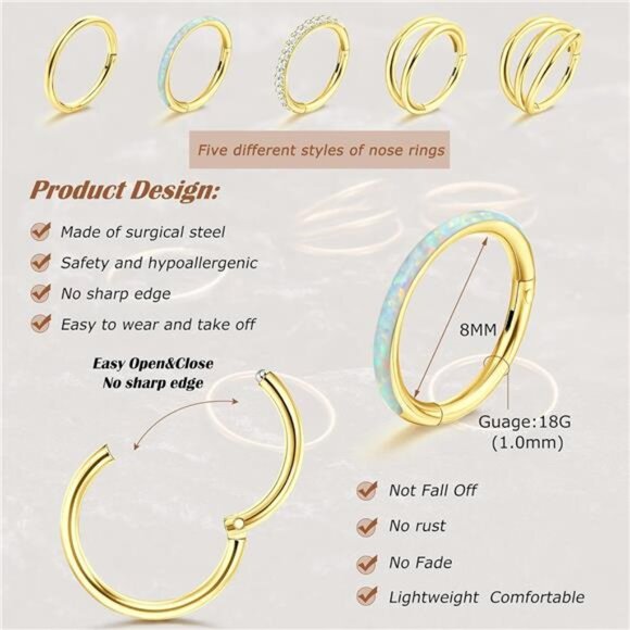 5PCS Surgical Steel Nose Rings - Hinged Hoops for Septum, Daith, Cartilage - Picture 4 of 7
